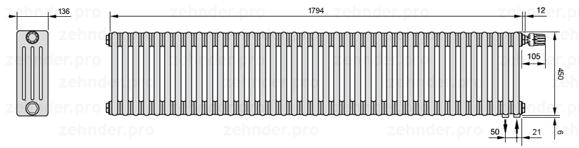 Схема (чертеж) Радиатор Zehnder Charleston 4045/39 №V002 Белый глянцевый RAL 9016